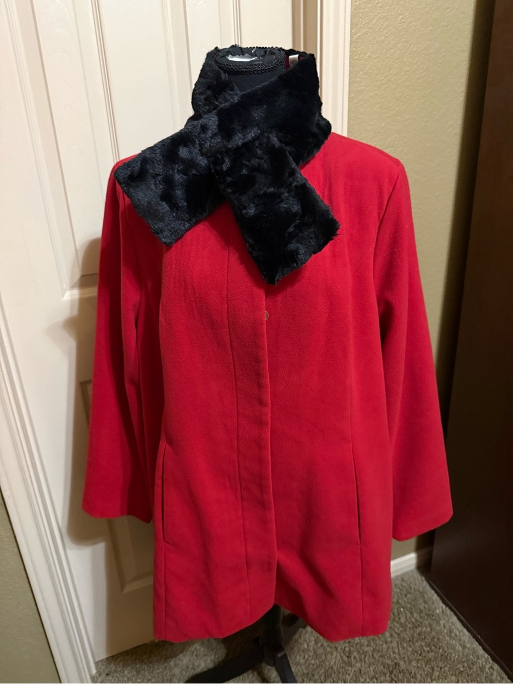 Susan Graver Red Pea Coat with Black Faux Fur Scarf